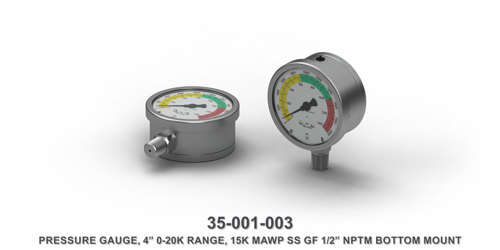 15K MAWP Stainless Steel 4" 0-20K Range 1/2" NPTM Bottom Mount Pressure Gauge