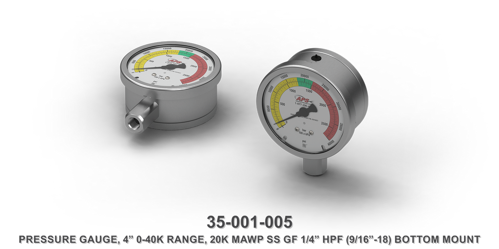 20K MAWP 4" 0-40K Range Stainless Steel GF 1/4" HPF Bottom Mount Pressure Gauge