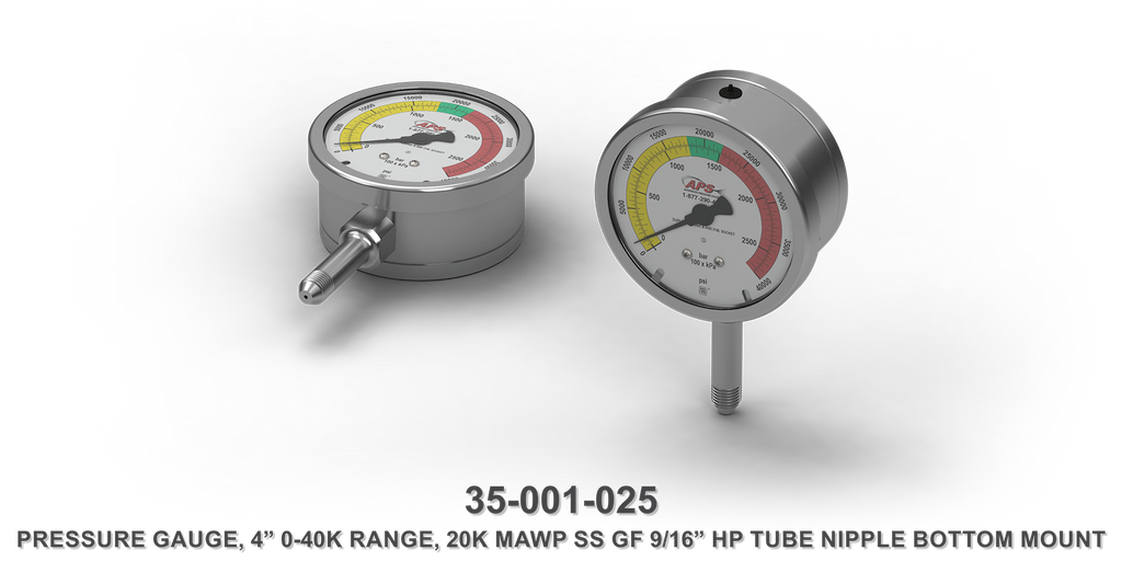 20K MAWP 4" 0-40K Range Stainless Steel GF 9/16" HP Tube Nipple Bottom Mount Pressure Gauge