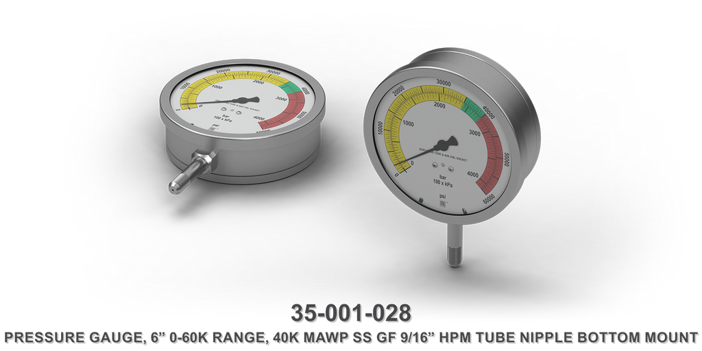 40K MAWP 6" 0-60K Range Stainless Steel GF 9/16" HPM Tube Nipple Bottom Mount Pressure Gauge