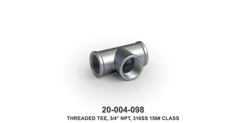3/4" NPT Threaded Tee, 316 Stainless Steel, 150# Class