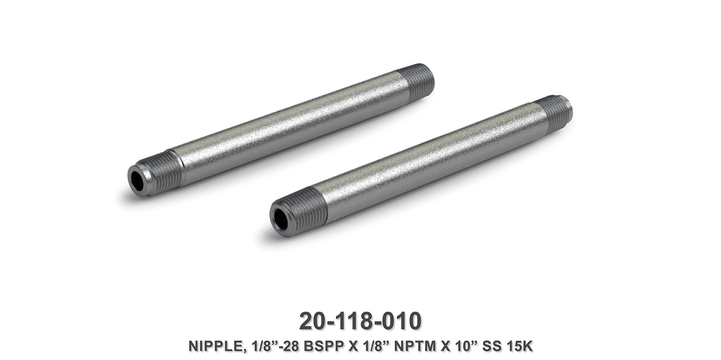 15K 1/8"-28 BSPP x 1/8" NPTM x 10" Stainless Steel Nipple